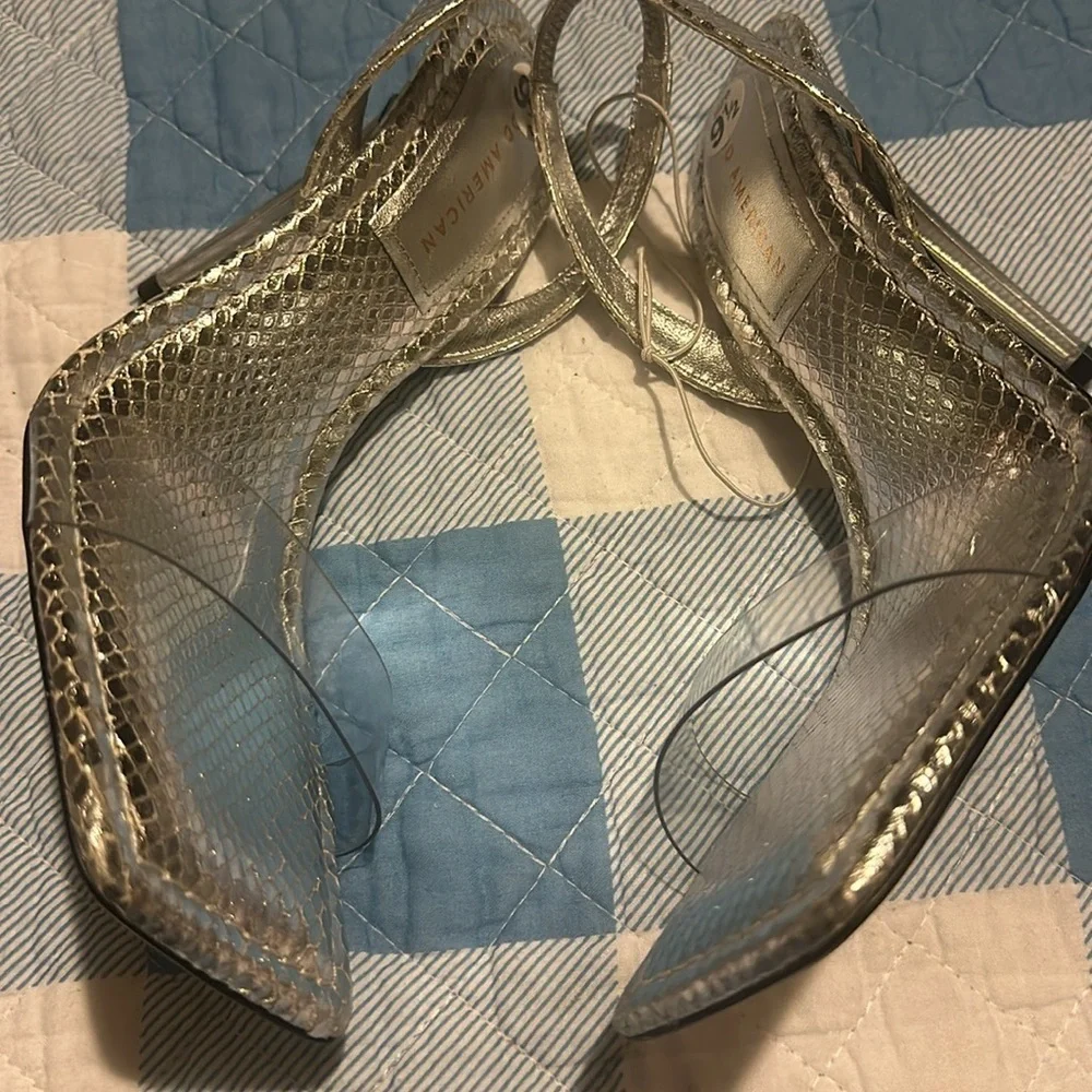 NEW Good American Open Square Toe Heels Silver Snake size 9.5